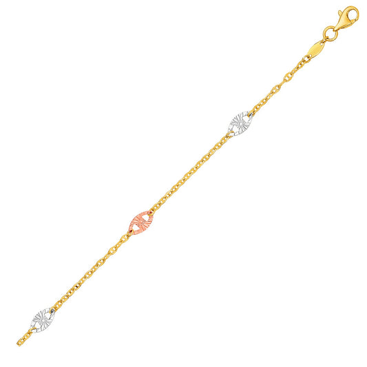 14k Three-Toned Gold Anklet w/Textured Ovals