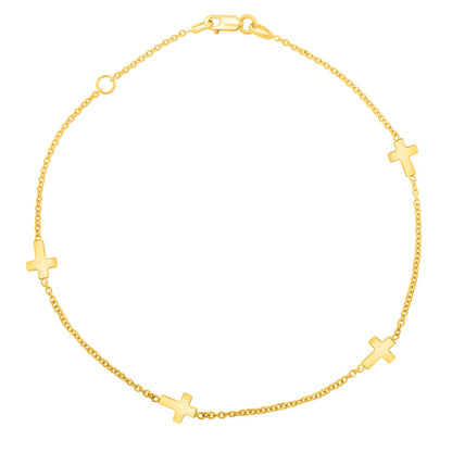 14k Gold Polished Station Cross Anklet (1.00 mm)