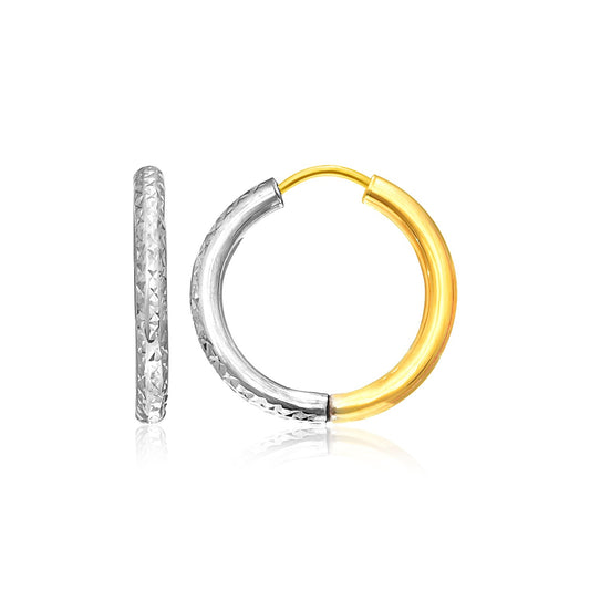 14k Two-Tone Gold Hoop Earrings w/Textured Style(2.5x15mm)