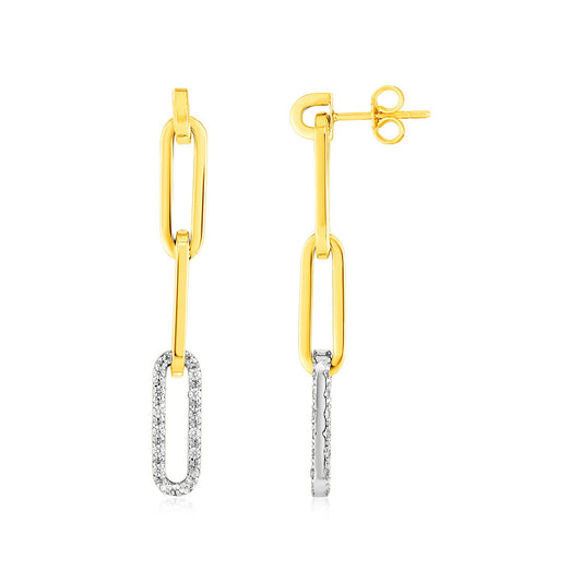 14k Gold Paperclip Chain Dangle Earrings w/Diamonds