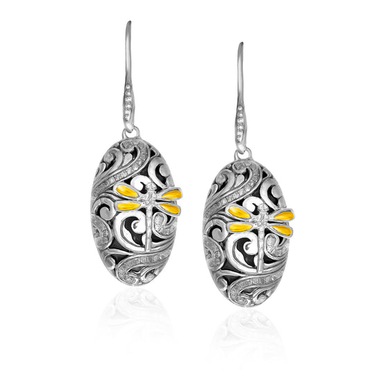 18k Gold & Sterling Silver Diamond & Dragonfly Oval Earrings