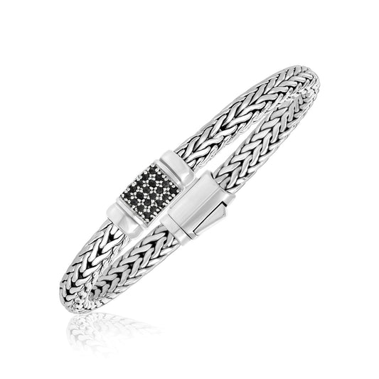 Sterling Silver Weave Style Bracelet w/Black Sapphire Accents (7.10 mm)