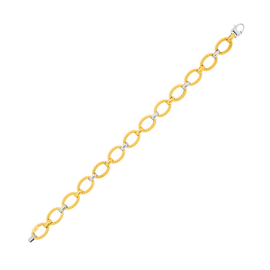 14k Two-Tone Gold Chain Bracelet w/Textured Oval Links (6.35 mm)
