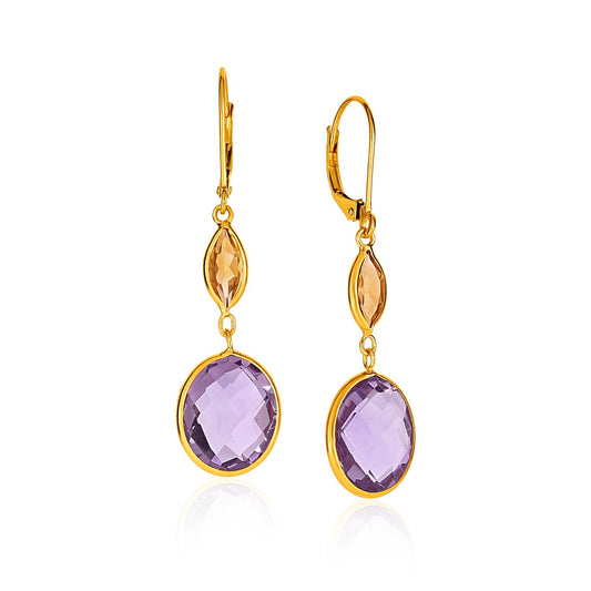 14K Gold Drop Earrings w/Citrine & Amethyst Briolette's