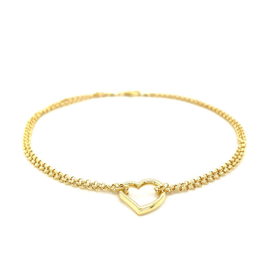 10k Gold Double Rolo Chain Anklet w/Open Heart Station