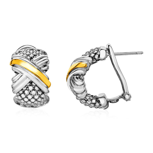 Popcorn Texture Earrings w/ X Motif in Sterling Silver & 18k Gold