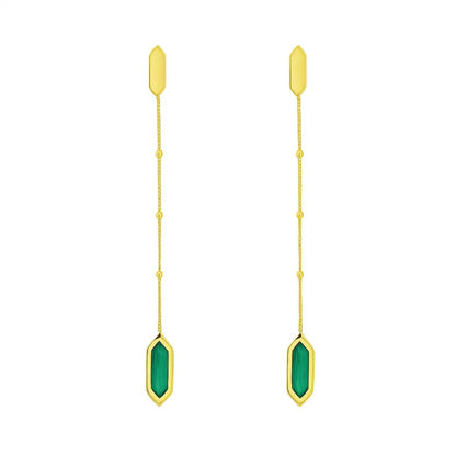 14K Yellow Gold Hexagon Malachite Drop Earrings
