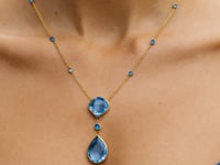 14k Gold Necklace w/Pear-Shaped & Cushion Blue Topaz Briolette