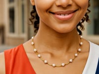 14k Gold Arc Link Necklace w/White Pearls